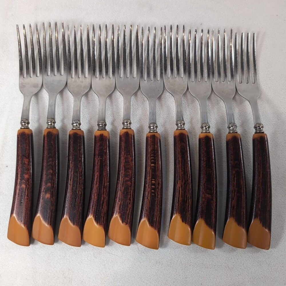 Vintage Glo-Hill Faux Antler Forks 10 Set Faux Wood Stainless Steel Cutlery